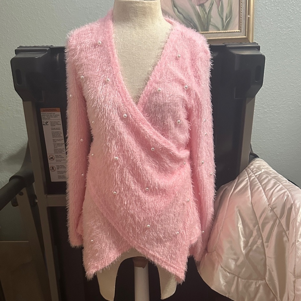 Pink Fuzzy Sweater with Pearl Accents